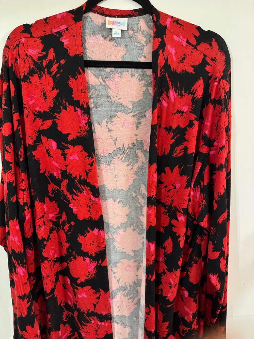 LuLaRoe Black, Sarah Cardigan with Red & Pink Floral Print
